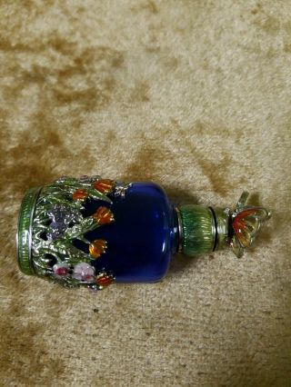 Vintage Monet Blue Glass Perfume Bottle Enamel Butterfly Flower Garden 3 