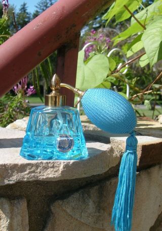 Vintage Irice Hand - Cut Aqua Blue Crystal Perfume Bottle Japan Atomizer