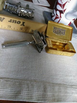 1930s Gem Safety Razor In Gold Tin Case Travel Size Un7sed Mib