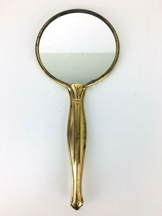 Vintage Gold Tone Handheld Mirror 10 " Made In Usa