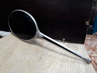 Vintage Oval Beveled Edge Mirror Black Silver Lucite Bakelite Hand Held Vanity