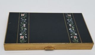 Vintage Volupte Black Brass Compact Case Cigarette Hand Painted Enameled Flowers