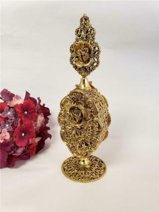 Vintage Ormolu Gold Gilt Filigree Roses Vanity Perfume Bottle