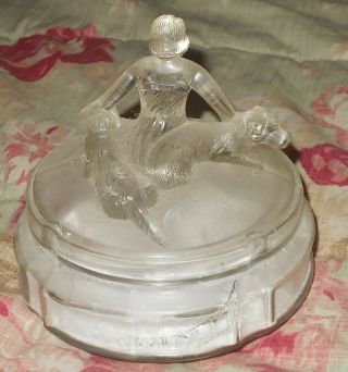 L E Smith Glass,  1920 ' s Flapper Girl Figural,  Lidded Powder Puff Vanity Jar,  Box 2