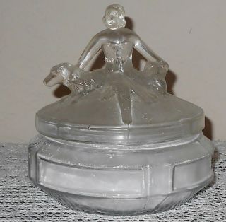 L E Smith Glass,  1920 ' s Flapper Girl Figural,  Lidded Powder Puff Vanity Jar,  Box 3