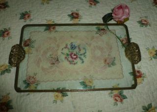 Vintage Glass Gilt & Filigree Embroidered Lace Dressing Table Tray