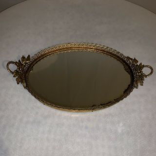 Vintage Gold Gilt Oval Vanity Mirror Tray With Flowers And Leaves