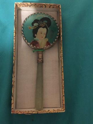 Vintage (?) Chinese Handheld Porcelain Mirror With Jade Handle