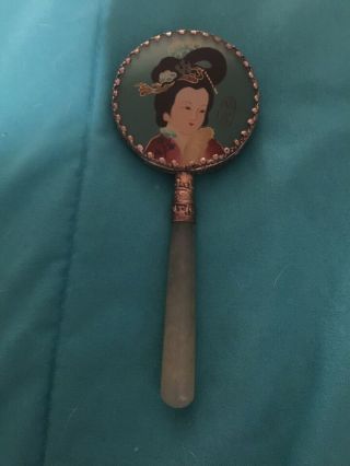 Vintage (?) Chinese Handheld Porcelain Mirror with Jade Handle 3
