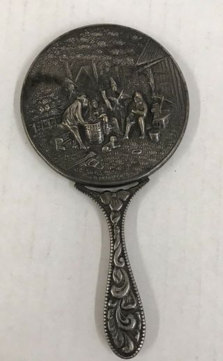 Vintage Hans Jensen - Denmark - Silver Plated Repousse Round Small Hand Mirror