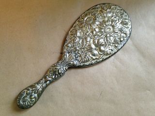 Antique Art Nouveau Silver Plate Vanity Hand Mirror Floral Repousse