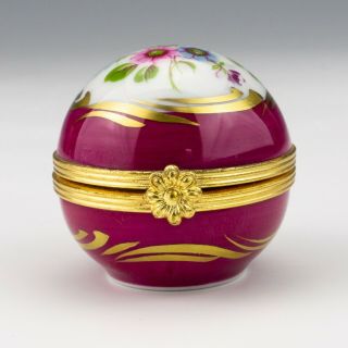 Vintage Limoges Porcelain - Flower Decorated & Gilded Globe Formed Pill Box