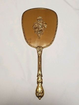Vintage Gold Tone Ornate Hand Held Mirror With Floral Design