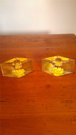 Awesome Pair Jane Art Lucite Yellow Embedded Rose Lipstick Or Candlestick Holder