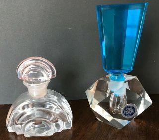 Vtg Art Deco Perfume Bottles Stopper Pink Clear Glass Prism Blue Iwrice Japan