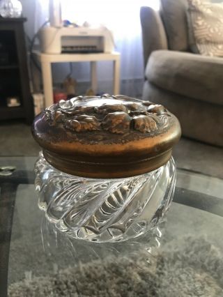 Vintage Vanity Pressed Glass Powder Jar Trinket Box Metal Lid