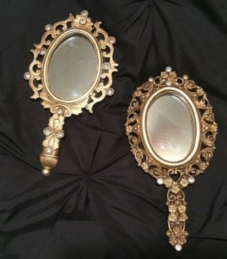 Vintage Arcylic Handheld Mirror Wall Decor Gold Rhinestone Victorian
