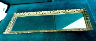 Vintage Vanity Tray Mirror Gold Brass Filigree Lace Edge 16 X 6 " Perfume Tray