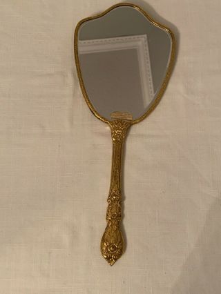 Vintage 24 Karat Gold Plated Ornate Hand Held Mirror With Floral Design