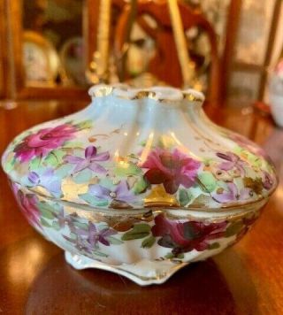Antique Hand Painted Porcelain Vanity Hair Receiver Jar Gilded & Roses