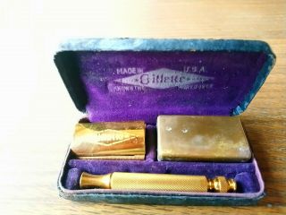 Vintage Gillette Safety Razor Gold In Case 3 Piece W/ Razor Box