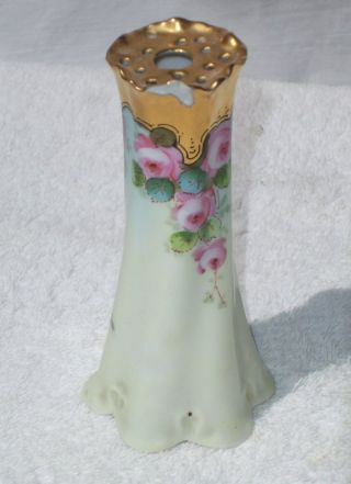 Vintage Porcelain Hat Pin Holder Hand Painted Pink Roses Gold E.  W.  Donath Vanity