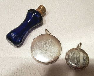 Miniature Victorian Glass Perfume Bottle,  Silver Locket & Daffodil Pill Holder