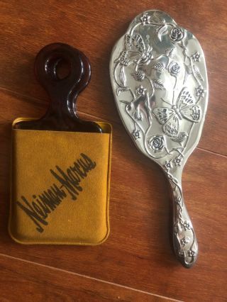 Vintage Silver Plated Butterfly Rose Handheld Vanity Mirror & Neiman Marcus Comb