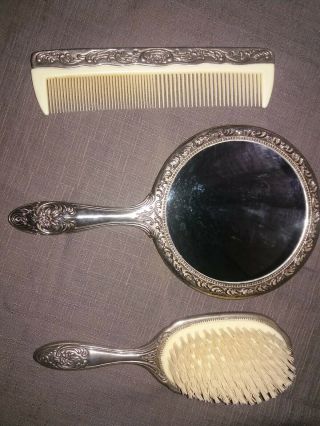 VINTAGE VANITY SET WITH MIRROR,  COMB AND BRUSH 2