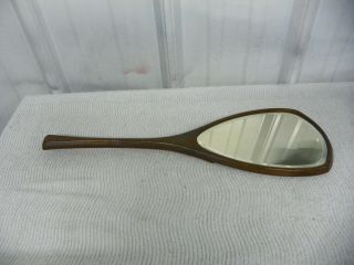 Vintage Wood Hand Held Vanity Dressing Table Mirror Silver Tone Inlay