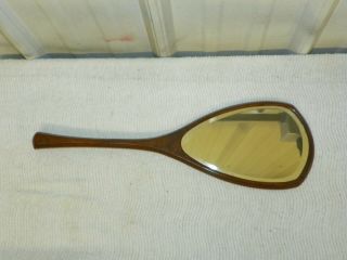 Vintage Wood Hand Held Vanity Dressing Table Mirror Silver Tone Inlay 2
