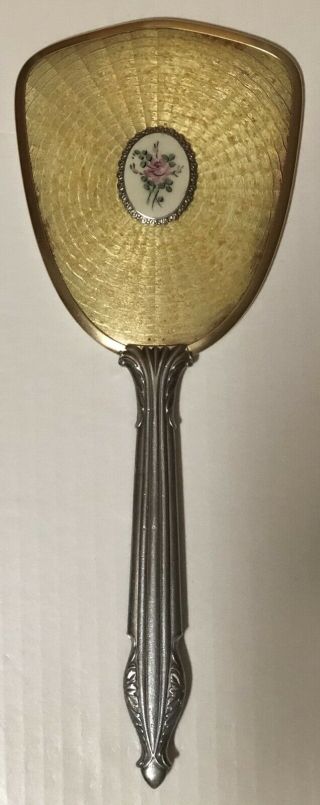 Vintage Hand Held Vanity Mirror W/ Gold Trim Around Glass & Silver Metal Handle