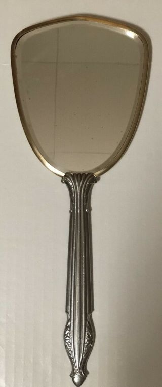 Vintage Hand Held Vanity Mirror W/ Gold Trim Around Glass & Silver Metal Handle 2