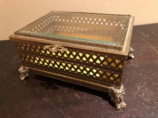 Vintage Footed Gold Filigree Jewelry Casket Trinket Box Beveled Glass With Lid