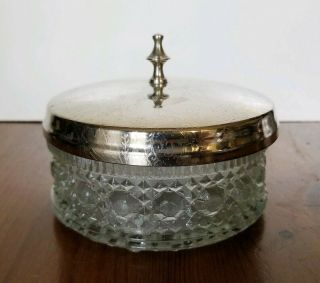 Vintage Thick Glass Powder Dish Jar Container Silver Lid Decorative Vanity 04