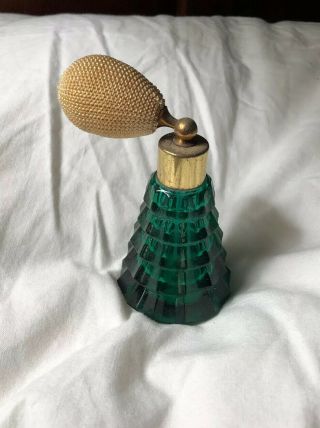 Vintage Green Glass Perfume Bottle With Atomizer Gold Tone Top