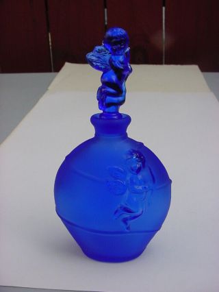Vintage " Cows Head " Cobalt Blue Glass Perfume Bottle With Cherubs Design