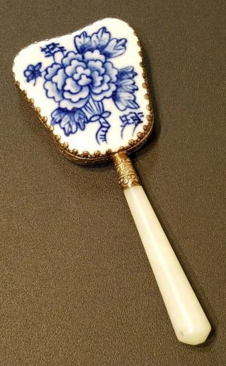 Vintage Oriental Porcelain Hand Mirror With Jade Handle