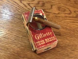 Vintage Shaving Gillette De Double Edge Safety Tech Razor Box Gold Tone