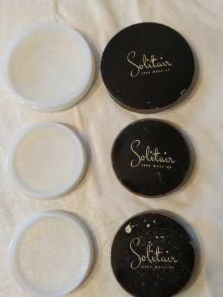 Set Of 3 Vintage Solitair Milk Glass Make Up Containers With Tin Lids