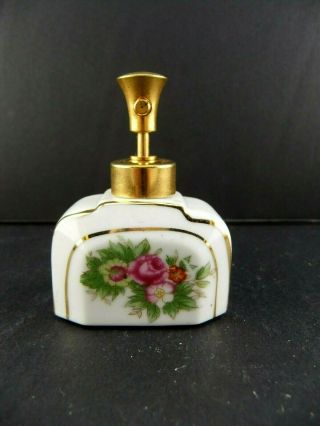 Vintage Small Porcelain Perfume Bottle W/ Devilbiss Atomizer; Pink Green Floral