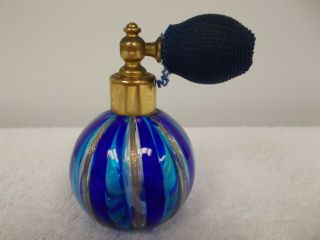 Vintage Glass Vertical Stripe Blue And Gold Perfume Bottle With Atomizer