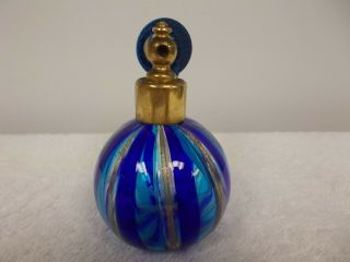 Vintage Glass Vertical Stripe Blue and Gold Perfume Bottle With Atomizer 2