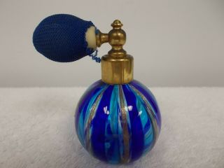 Vintage Glass Vertical Stripe Blue and Gold Perfume Bottle With Atomizer 3