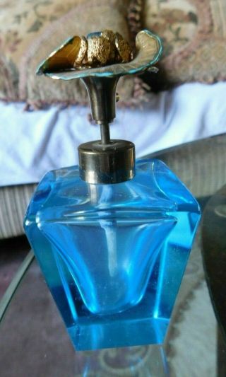 Art Deco Antique Blue Glass Perfume Bottle W/ Rhinestone Gold Flower Sprayer