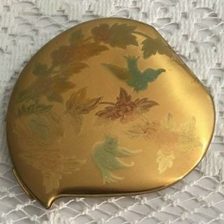 Vintage Elgin American Powder Compact With Etched Flowers Blue Birds Gold Tone