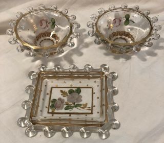 Vintage 3 - Piece Hand Painted Glass Vanity Set Gold Trim Pink Roses