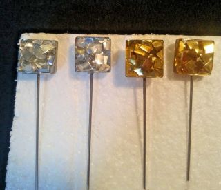 Lucite Box Hat Pins - Four - Hatpins - Gold (2) & Silver (2) Circa 1940 
