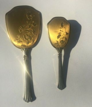 Vintage Vanity Set - Gold Colored Metal; Hair Brush,  And Hand Mirror Set