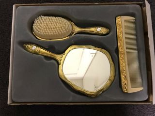 Dresser Vanity 3 Piece Set Mirror Brush Comb Gold Tone Metal,